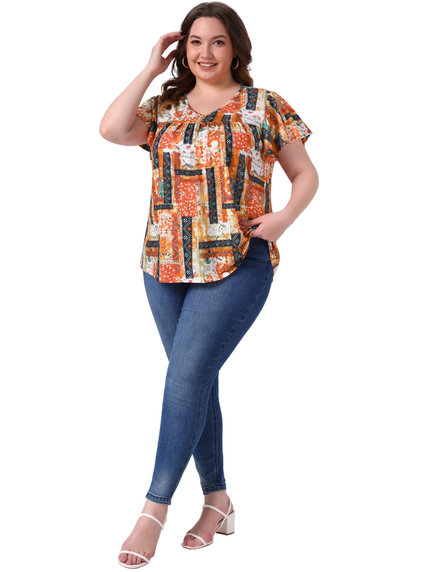 DARING DIVA Women's Plus Ruffle Boho Floral T Shirt 4X Orange