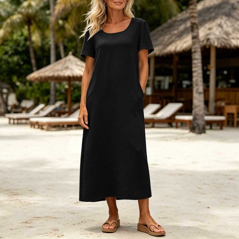 ladies t shirt maxi dresses Vbvc Women's Crew Neck Textured Dress , Summer Short Sleeve Beach Dress For Women , Ladies' Relaxed Fit Long Tunic Dress with Pockets quality materials Stretch Cotton T-Shirt Maxi Dress