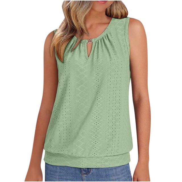 ohmzyzo Womens Tank Tops Keyhole V Neck Summer Tops for Women 2025 Eyelet Embroidered Loose Fit Tank Tops