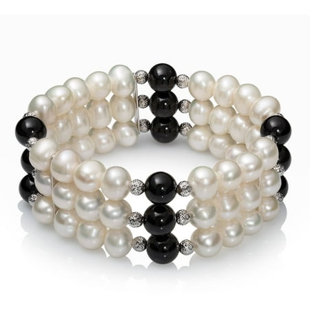 7-8mm Cultured Freshwater Pearl and Onyx 3-Row Stretch Bracelet with Sterling Silver Accent Beads, 7.5