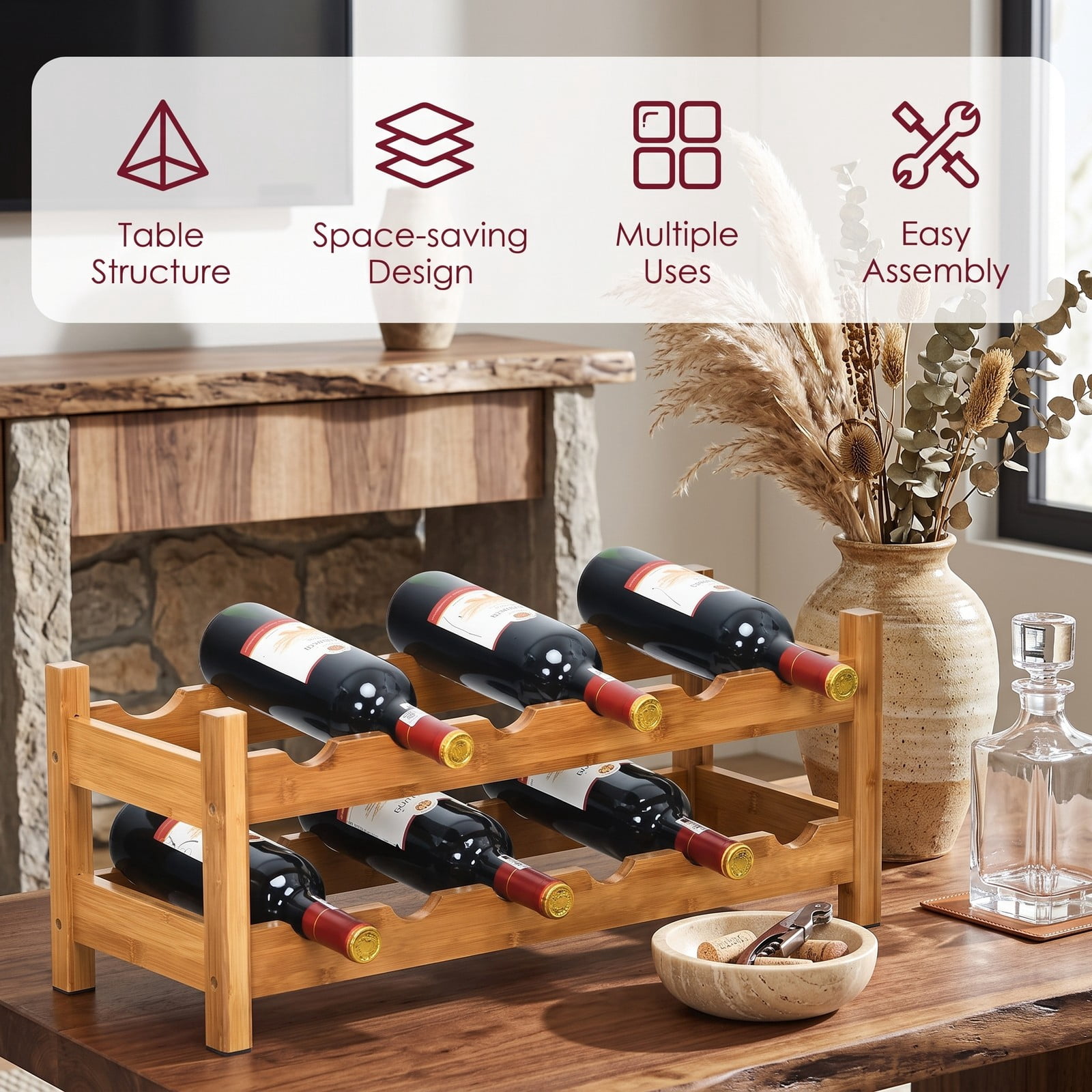 RUIE 2-Tier Bamboo Wine Rack, 12-Bottle Countertop Storage Shelf Holder for Kitchen Pantry Wine Cellar Bar, Space-Saving Freestanding Wooden Display Organizer, Natural