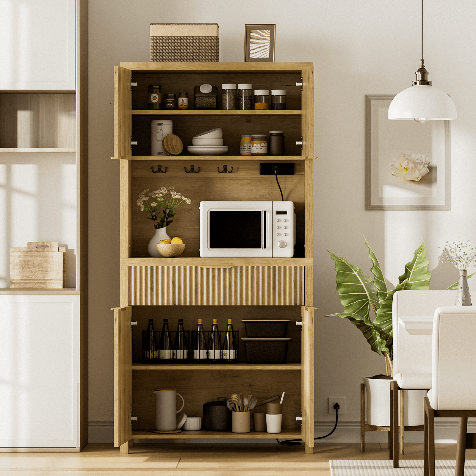 Aufeile 71" Tall Pantry with Drawer and Charging Station, Fluted Pantry Storage Cabinet with Adjustable Shelves for Kitchen Dining Room Living Room, Natural Oak