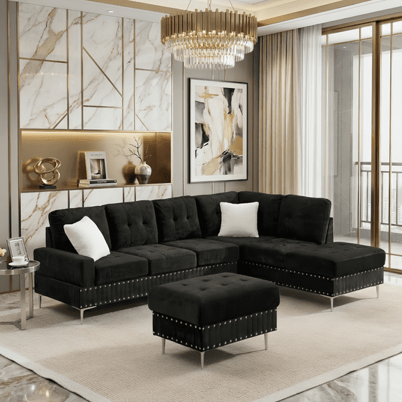 Aisword 108'' Sectional Sofa Set, Modular 5-Seater Couch Sofa with Reversible Chaise & Cup Holders, L-Shaped Sectional Couch with Storage Ottoman for Living Room| Velvet| Black
