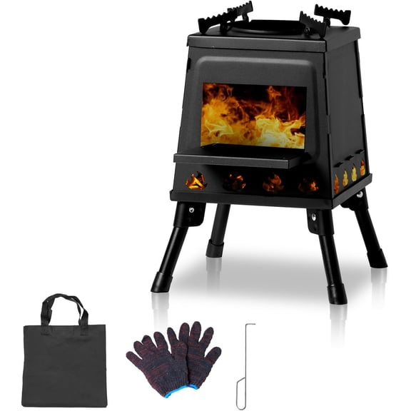 Wubio Wood Burning Stove with Pot Stand, Portable Camping Wood Stove with Folding Leg, Outdoor Cast Iron Wood Stove with Carrying Bag, Firewood Hook for Camping Cooking, Small