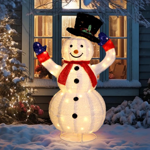 Matladin 4ft Lighted Snowman with 120 LED Lights, Auto-Waving Snowman Ornaments with Ground Stakes, Moving Hat, Red Scarf, for Christmas Decorations