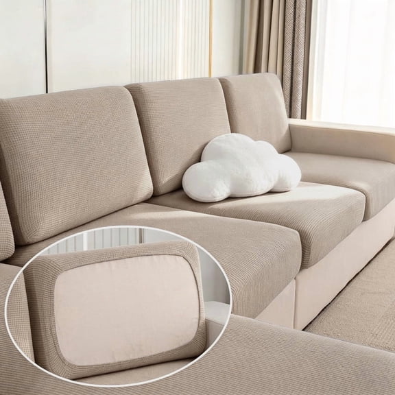 4 Pack Couch Cushion Covers, Stretch Sofa Slipcovers with Elastic Bottom, Jacquard Furniture Protector for Couch Cushions(Taupe)
