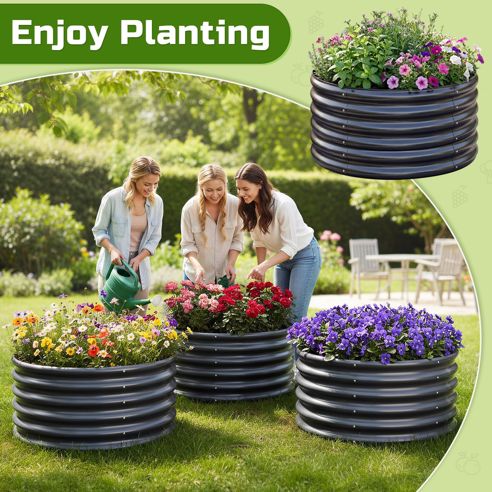 3PCS 2x2x2ft Galvanized Raised Garden Bed Kit Round Metal Flower Box Large Planter Raised Beds Outdoor Garden for Planting,Fruit,Herb Grey
