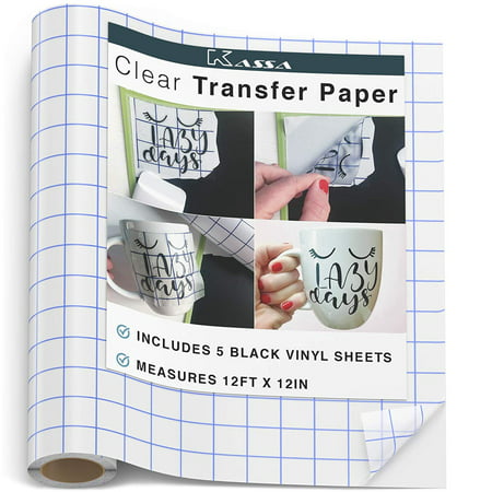 Kassa Vinyl Transfer Tape Roll (12” x 12 Feet) - 5 Vinyls Sheets Included - Clear Vinyl Transfer Paper for Cricut & Silhouette Cameo (w/ Perfect Alignment Grid) - Medium