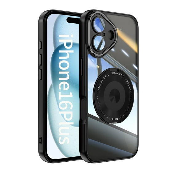 Compatible with iPhone 16 Plus Case, [Military Grade Drop Tested][Camera Lens Protection][Built in Kickstand] Translucent Tempered Glass Slim Back Soft Edge Magnetic Cover,Black