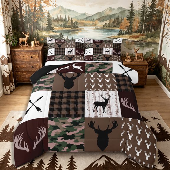 Castle Fairy Rustic Deer Hunting Full Size Comforter Sets 3-Piece,Vintage Checkered Camo Bedding Comforter Set,Gray Black White,Black Reversible,1 Comforter and 2 Pillowcases