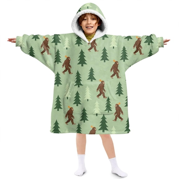 Bigfoot and Feather Green Pattern Lamb Fleece Blanket Hoodies for Teens ,Teens Oversize Sherpa Wearable Hooded Blanket Sweatshirt with Super Pockets