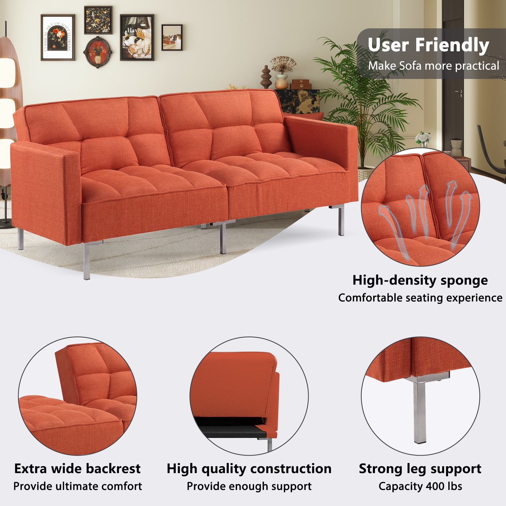 Aukfa 76" Futon Convertible Sofa Bed, 2 Seater Arm Couch for Home Office, 2 Pillows, Linen, Orange