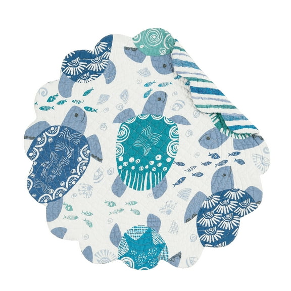 Turtle Bay Round Quilted Single Placemat White Blue Teal Beach Coastal, 17"