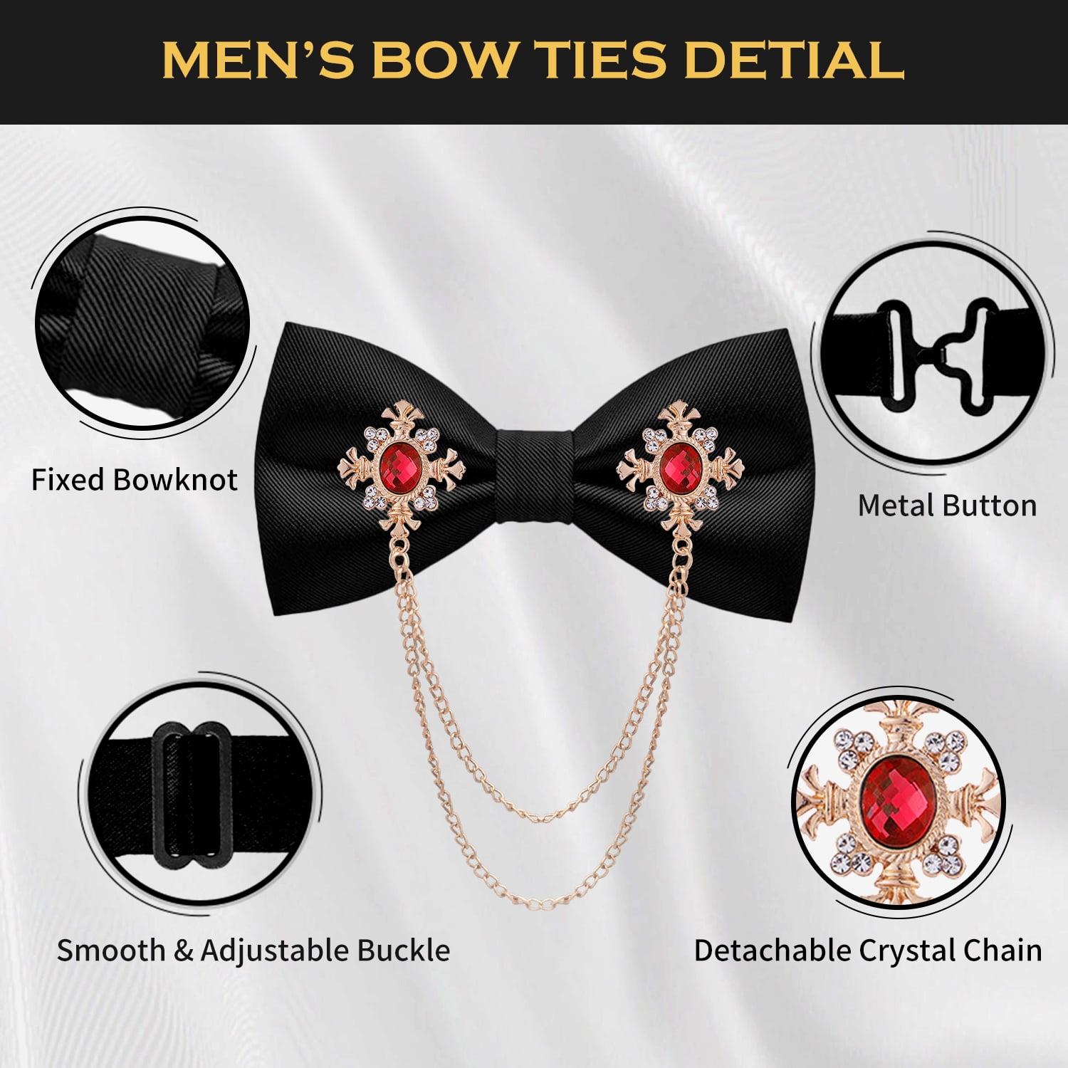 MENDENG Black Bow Tie Pre-Tied Adjustable Mens Bow Ties