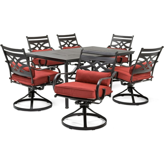 Hanover Montclair 7 Pcs Steel Outdoor Dining Set Seats 6, Chili Red