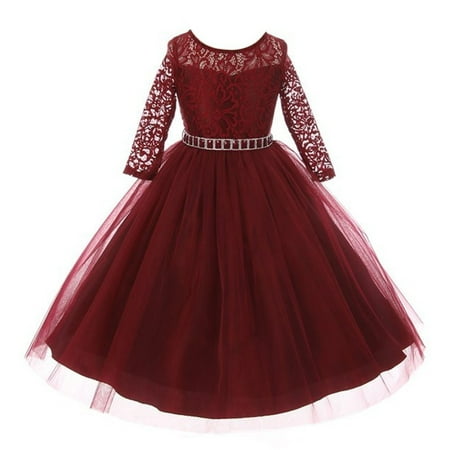 Little Girls Burgundy Floral Lace Rhinestone Waist Tulle Christmas Dress