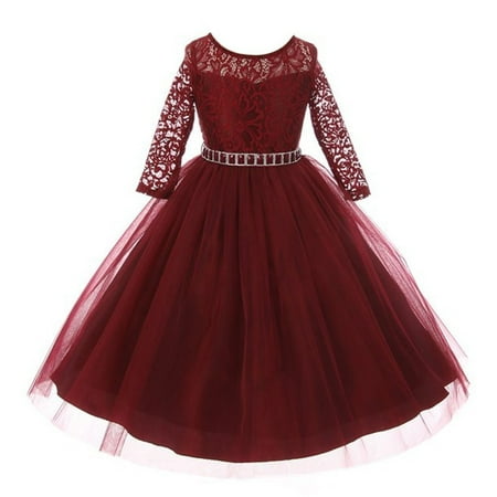 Little Girls Burgundy Floral Lace Rhinestone Waist Tulle Christmas (Best Little Girl Christmas Presents)