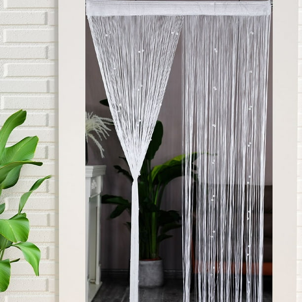 Cortina de cuentas para puerta, cortinas de hilo para puerta, borlas, cuentas, flecos colgantes, ventana divisoria de habitación hippie (39 × 79 pulgadas, blanco)