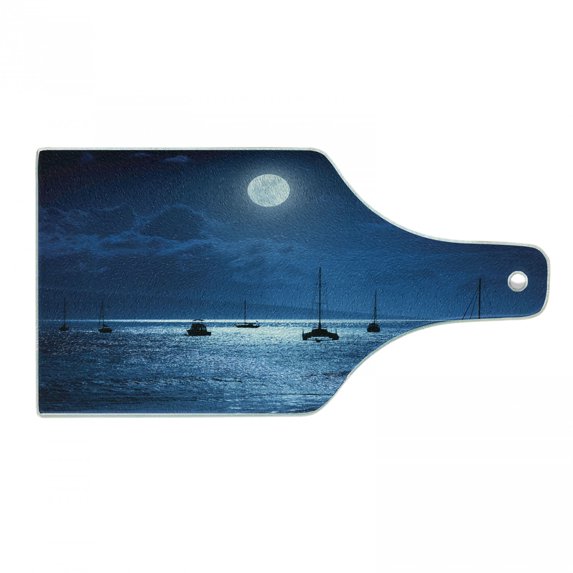 Ocean Cutting Board, Dramatic Photo of a Nighttime Sky Full Moon over a Calm Ocean Scene in Maui Hawaii, Tempered Glass Cutting and Serving Board, Wine Bottle Shape, Navy White, by Ambesonne
