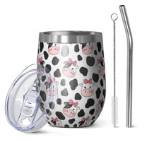 12oz Stemless Wine Tumblers White Cow Bow Pattern Vacuum Insulated Stainless Steel Travel Tumbler Cups Mug with Lid and Straw for Champaign,Cocktail,Beer with Cleaning Brush