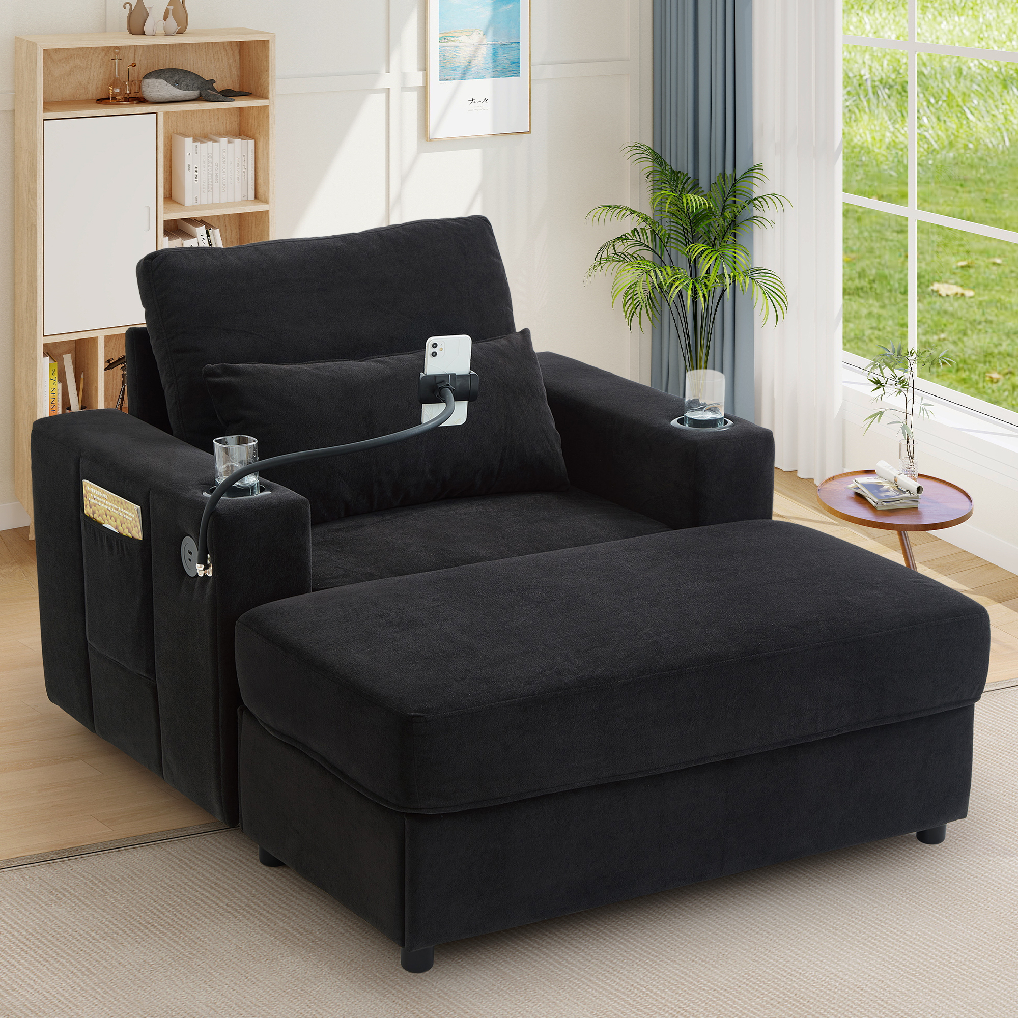 Lunale Accent Chair with Ottoman, Indoor Lounge Chair with USB & Storage, Modern Upholstered Sofa Armchair for Living Room, Bedroom, Apt., Black Chenille