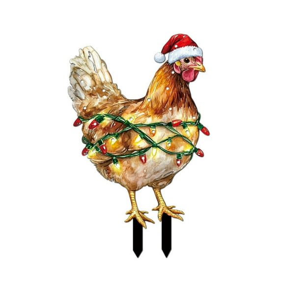 Christmas Light-UpOutdoor Decor, 2D Plastic Christmas Chicken Decorations with Red Christmas Hats Animal Garden Stakes for Holiday Atmosphere Rooster Lawn Rooster Decorations