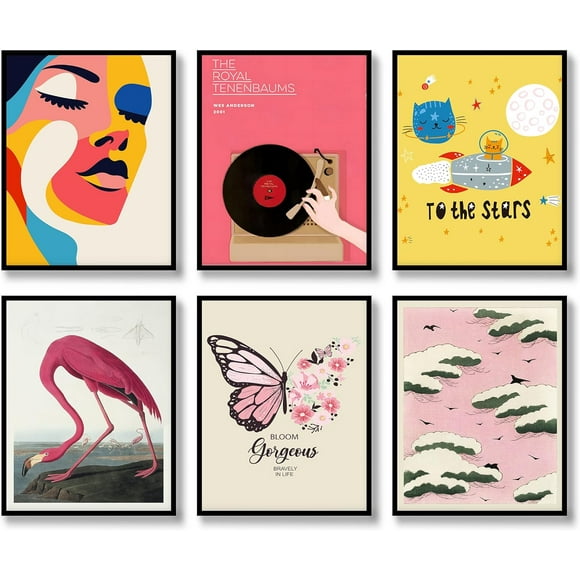 Retro Wall Art Prints Set of 6 Aesthetic Gallery Pink Preppy Canvas Posters Trendy Maximalist Eclectic Canvas Funky Retro Coquette Wall Decor for Living Room Bedroom Corridor (C, 11"x14" UNFRAMED)