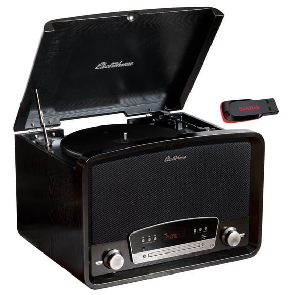 Electrohome Kingston 7-in-1 Vintage Vinyl Record Player Stereo System - 3-Speed Turntable Bluetooth AM/FM Radio CD Aux In RCA/Headphone Out Vinyl/CD to MP3 Recording & USB Playback w/ 32GB USB Drive