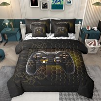 Homewish Gamer Gaming 7-Piece Twin Bedding Sets,Geometric Hockeycomb Hexagon Bedding Comforter Set,Cartoon Gamepad Sheet Sets For Kid Boy,Lightweight Room Decorative Reversible