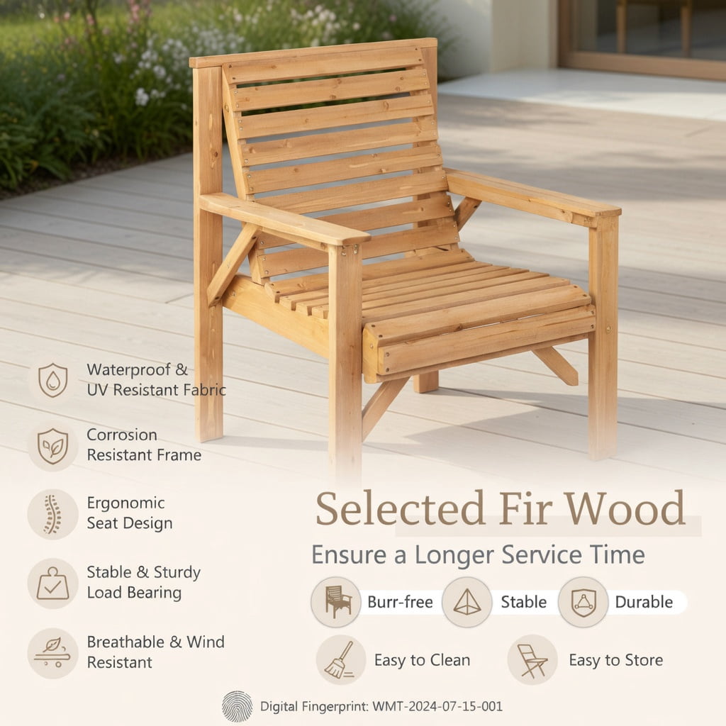 Resenkos Outdoor Solid Fir Wood Chair with Inclined Backrest, Outdoor Dining Chair for Outside Patio, All Weather, Porch, Garden, Poolside