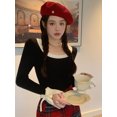 thumbnail image 2 of Suéteres de mujer con paneles, dulces, ajustados, cuello cuadrado, otoño, elegantes, a la moda, para oficina, prendas de punto francesas, temperamento chic, 2 of 6