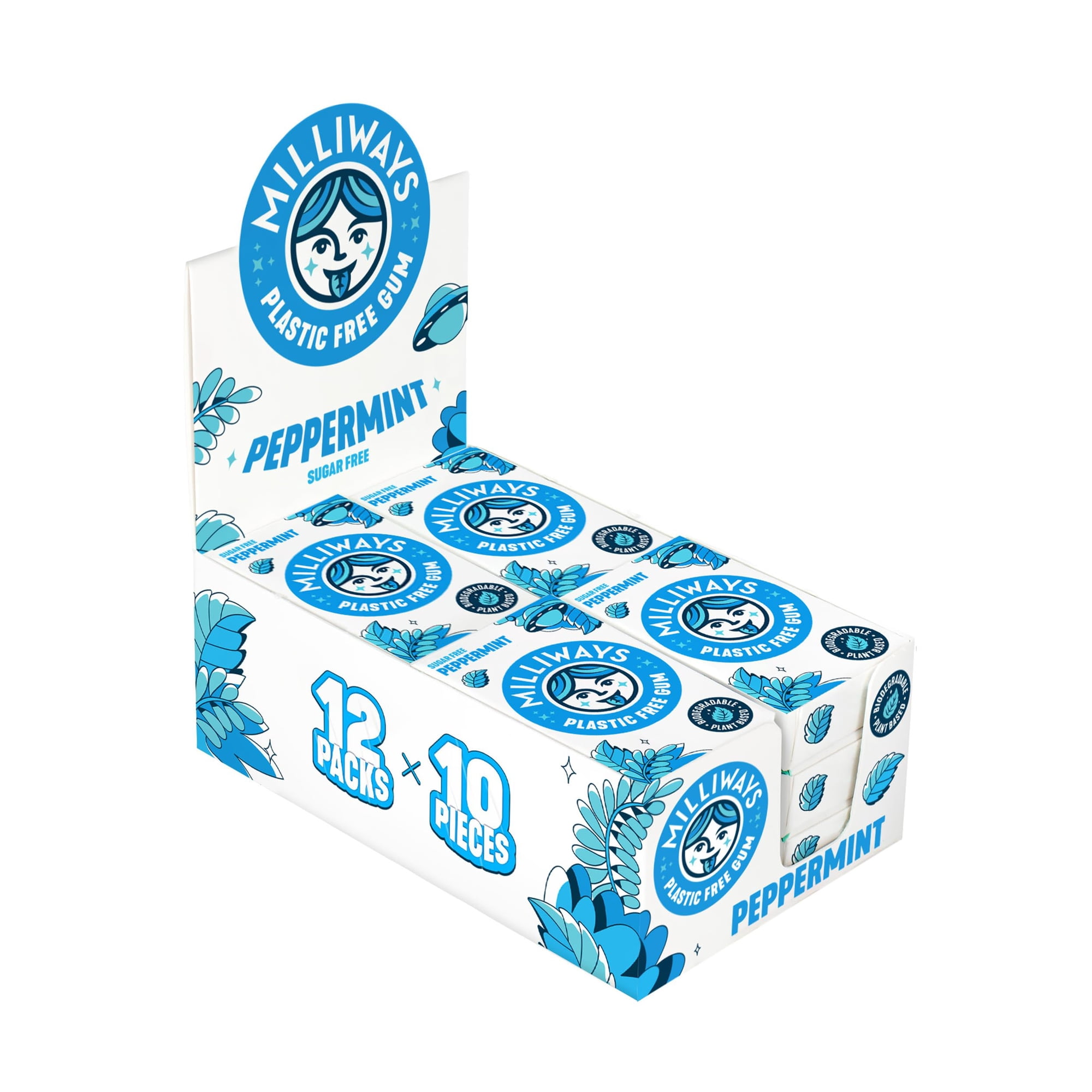 Milliways Peppermint Chewing Gum Plastic Free Sugar Free Aspartame Free Natural | 12 Packs of 10 Pieces (120 Pieces Total) | Xylitol Plant-Based Biodegradable