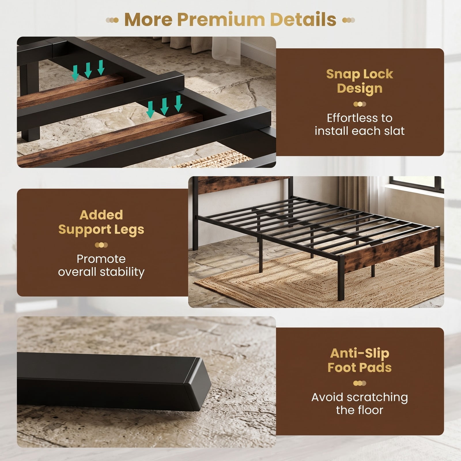 Furnibear Queen Size Bed Frame Metal Platform Bed with High Wood Headboard and Mute Bar, Heavy Duty No Box Spring Needed, Rustic Brown and Black