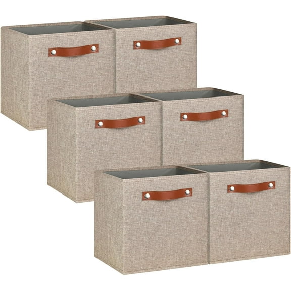 Pomatree 13x13 Storage Cubes - 6 Pack - Linen Fabric 13 Inch Cube Storage Bins