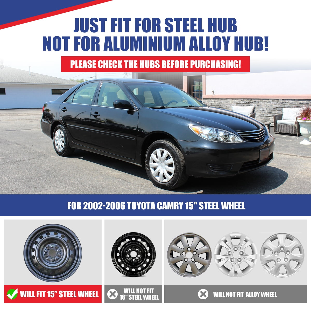 15 inch 1 Piece Hubcap Wheel Rim Cover R15 for 2002-2006 Toyota Camry Snap-on Installation Lacquer