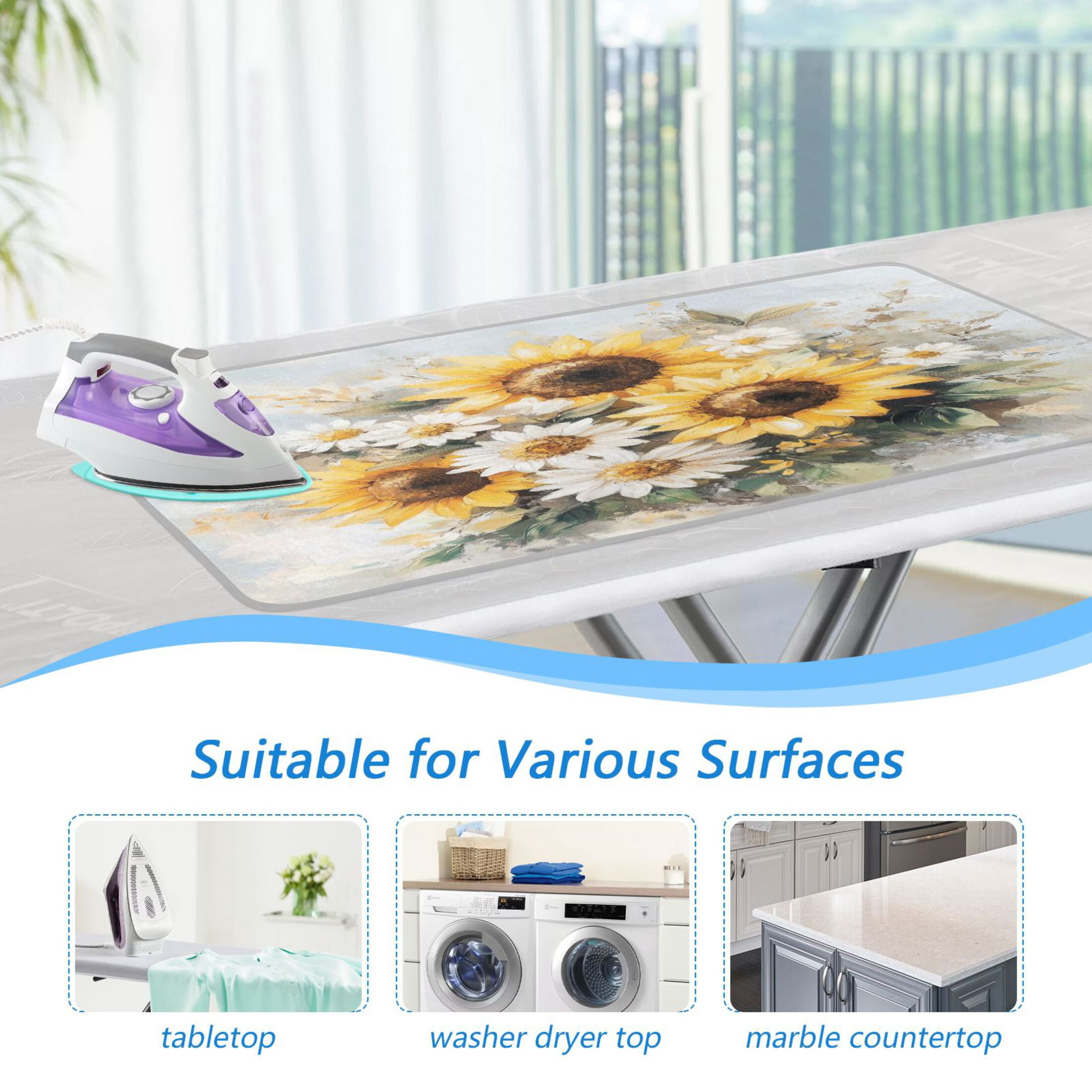 Wobogo Sunflowers and Daisies Ironing Mat Blanket Quilted Washer Dryer Heat Resistant Pad Foldable for Easy Storage