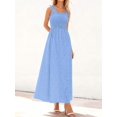 thumbnail image 4 of Light Blue Womens Smocked Square Neck Sleeveless Eyelet Lace Cotton Maxi Dress For Spring Summer Beach, 4 of 6