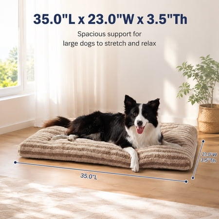 Washable Large Dog Bed for Crates Comfy Fluffy Kennel Pad Anti-Slip Pet Sleeping Mat Machine Washable Dog Pillow 35 x23 x3.5 Brown