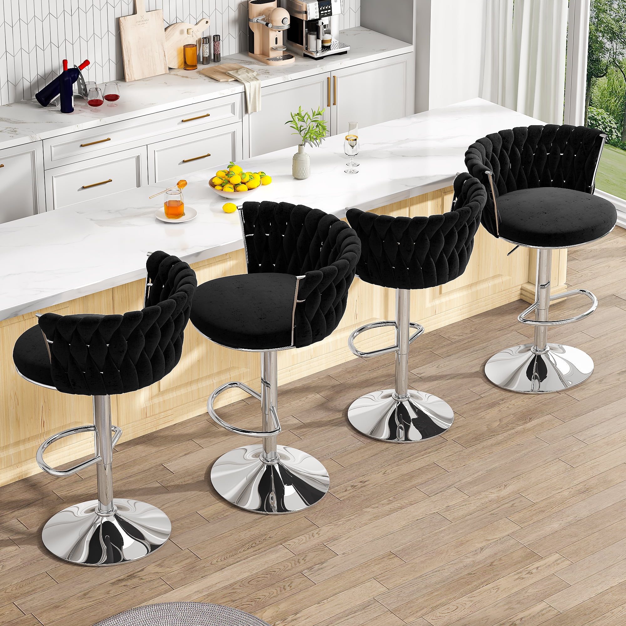 Baxluxe Velvet Bar Stools Set of 4, Swivel Counter Height Bar Chairs with Footrest, Metal Base Adjustable Bar Stools Island Chairs, Pub Style Chairs for Kitchen Island, Dining Room, Pub, Black