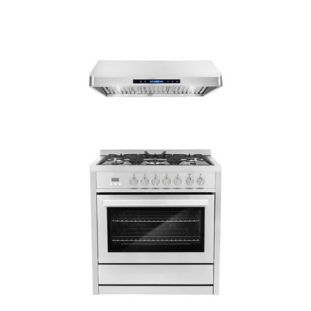 Cosmo 2 Piece Kitchen Appliance Package with 36  Freestanding 220/240V Dual Fuel Range Kitchen Stove & 36  Under Cabinet Range Hood Kitchen Hood Kitchen Appliance Bundles