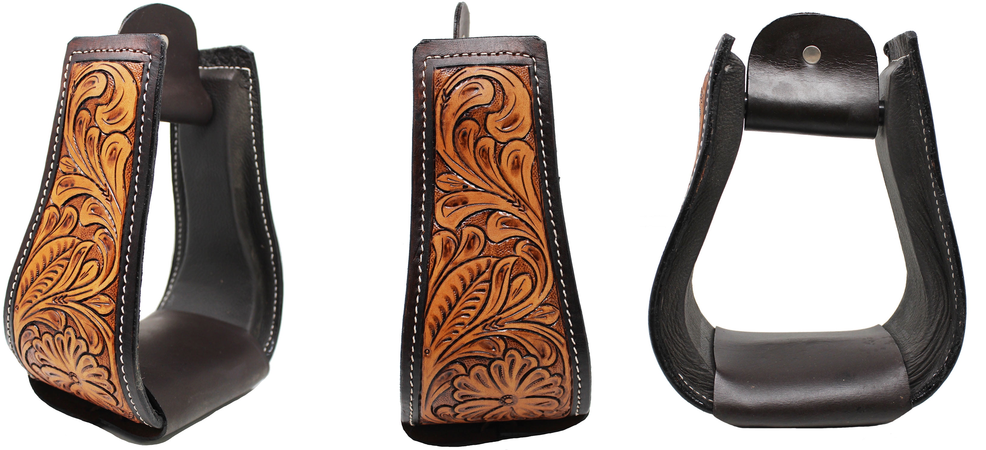 Horse Saddle Stirrups Floral Tooled Leather Covered Western Tack Bell