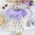 thumbnail image 6 of WhouRiu Baby Girls Summer Dress Puff Short Sleeve Crew Neck Floral Print Ribbed Dresses With Headband Kids Cute Everyday Sundress,18-24 Months, 6 of 9
