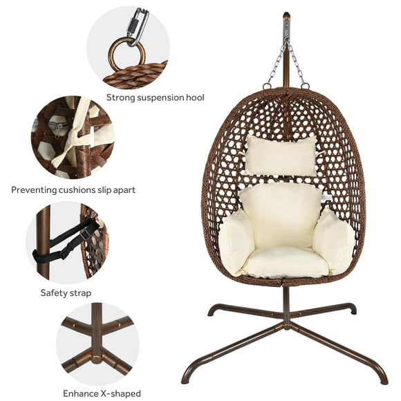 Patio Hammock Hanging Wicker Swing Chair with Cushion and Pillow, Patio Egg Chairs with Stand, Lounge Rattan Chair Hold up to 150KG