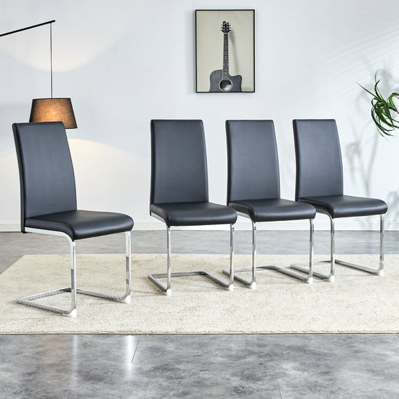 Set of 4 Modern Dining Chairs in Black PU Leather: Cushioned Backrest, Versatile for Dining & Office