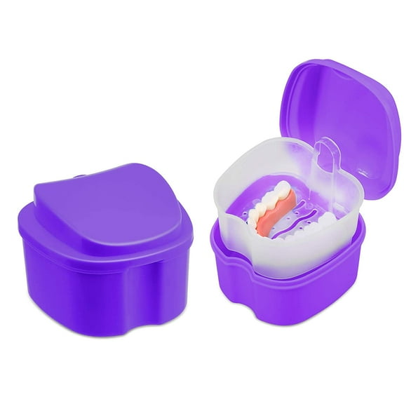 Denture Soaking Cup Dental Retainer Case Cleaning with Strainer Basket, Orthodontic Bath Box Mouthguard Storage Holder - Leak Proof and Lid Waterproof - Purple