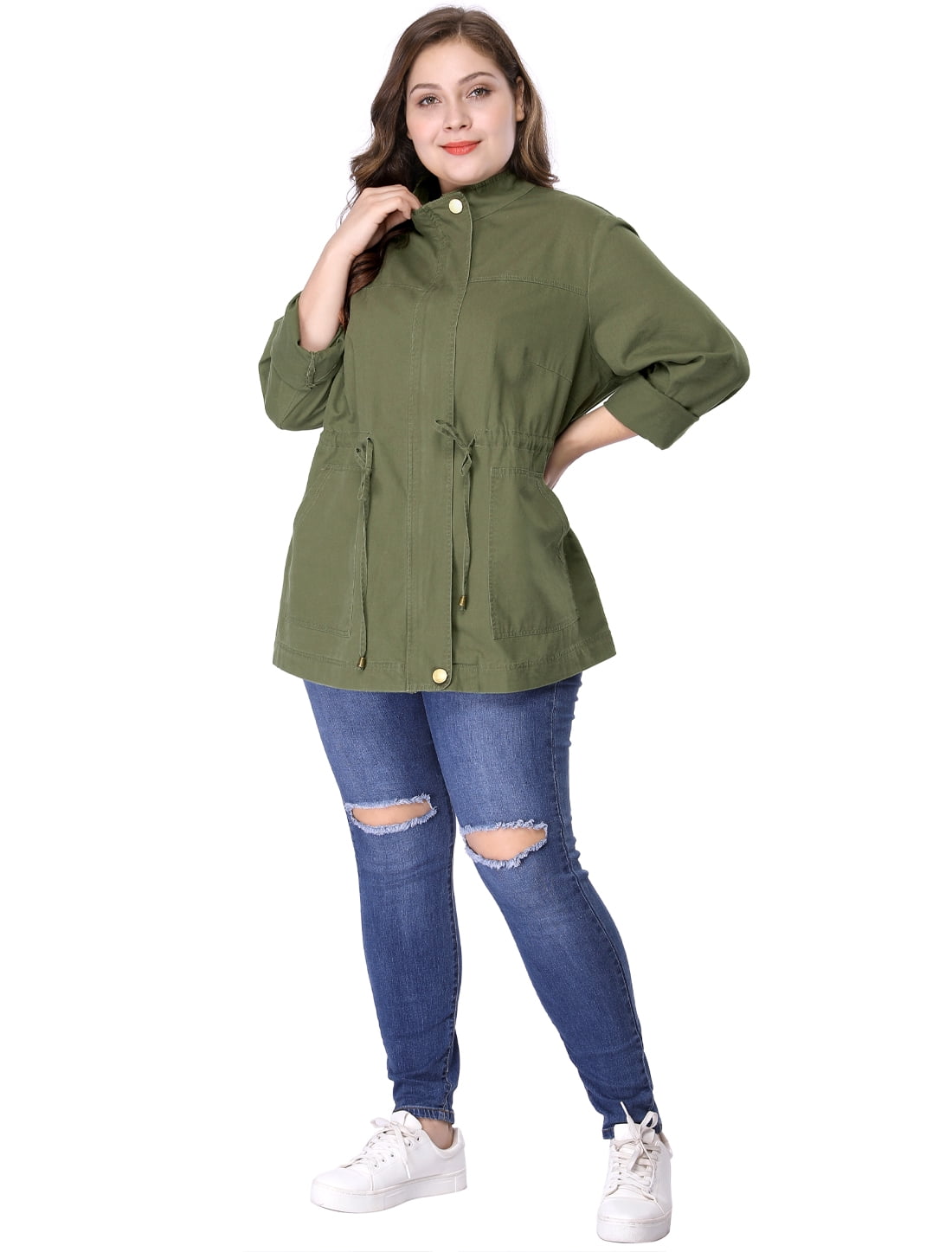 DARING DIVA Women's Plus Size Drawstring Waist Zip-up Utility Jacket 6X Army Green