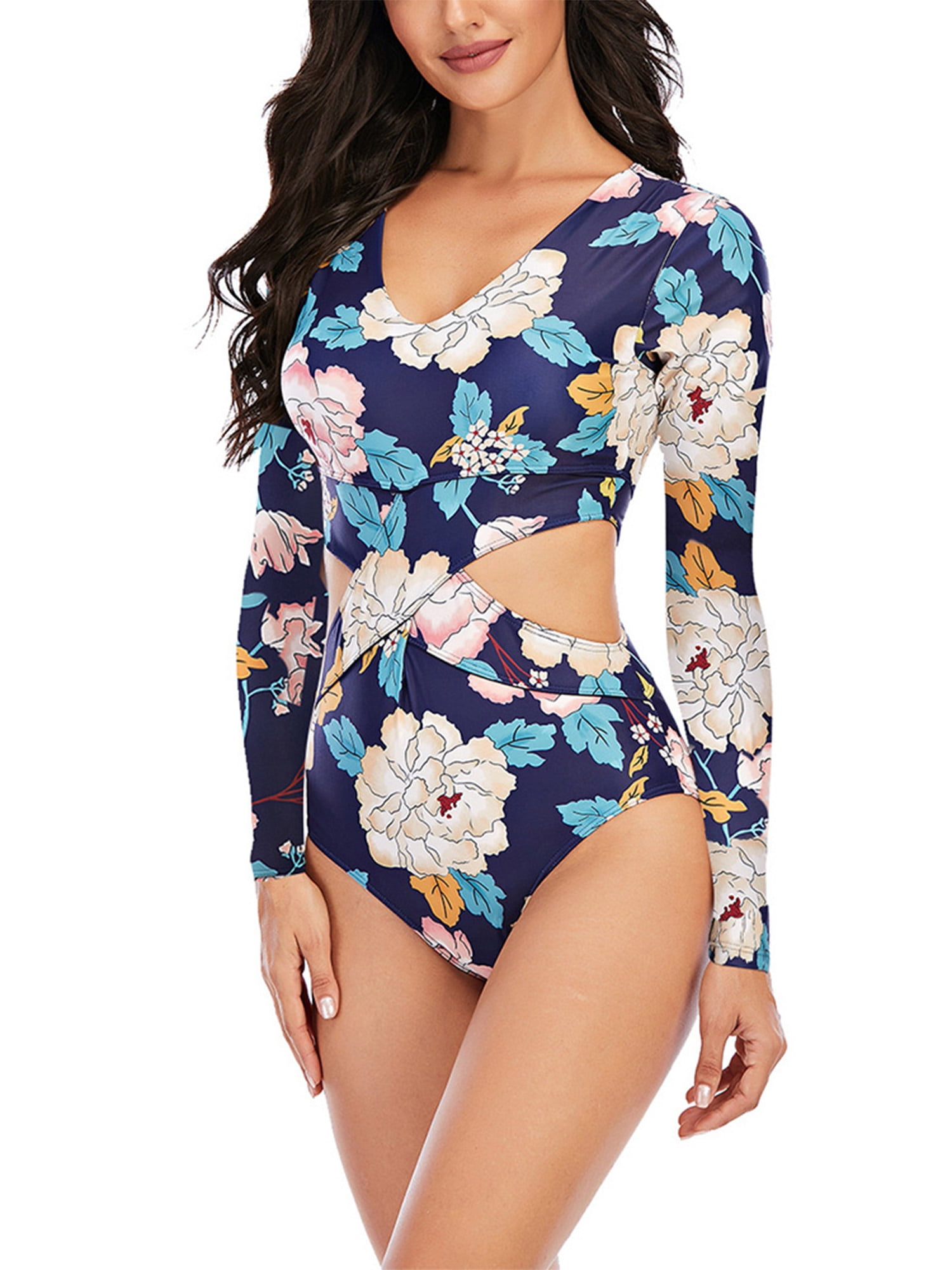 Runtlly Women Rash Guard Long Sleeve Swimsuits UV UPF 50 Sun Protection Zipper Surfing Floral Printed One Piece Swimsuit 