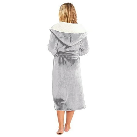 

HAXMNOU Women Plus Size Winter Plush Long Shawl Bathrobe Long Sleeve Hooded Coat Robe Gray XXL