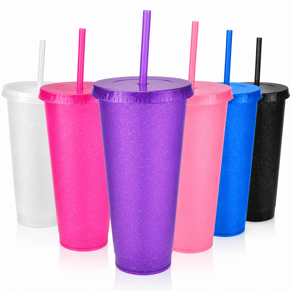 6 Pack 24oz Reusable Glitter Plastic Cups with Lids and Straws, BPA Free Food Grade PP Tumbler Set, Cold Drink Cups for Iced Coffee, Smoothies, Party, Travel, Birthday Gifts