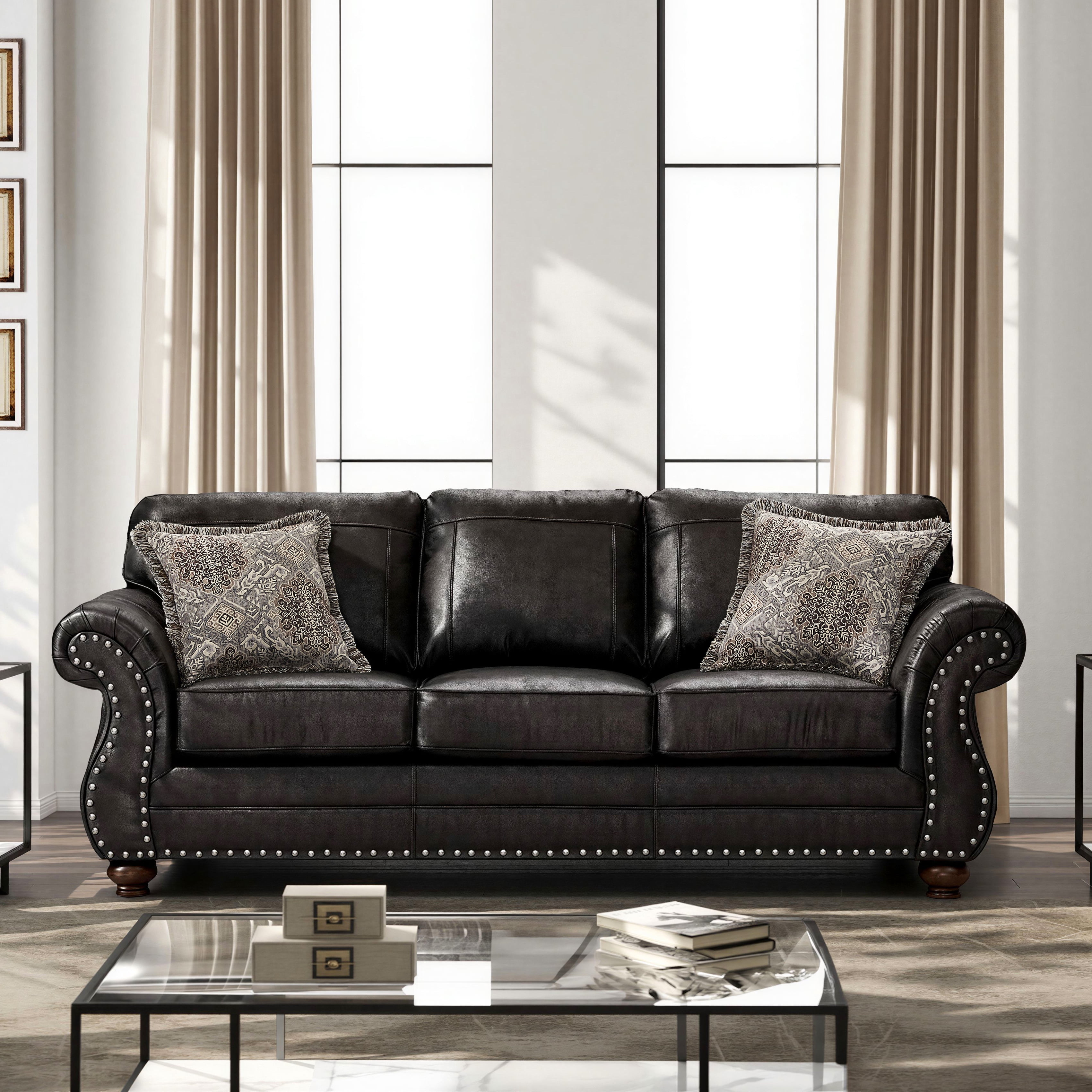 Roundhill Furniture Leinster 2-Piece Living Room Set, Sofa and Loveseat, Black